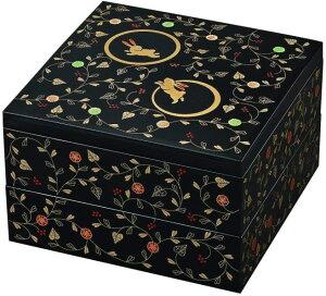 山中漆器 ウサギ唐草 中子付き7寸 2段オードブル/二段重 黒内朱/総朱 上段中子4ヶ仕切り/十字仕切り<行楽 運動会 迎春 おせち>