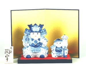 九谷焼 陶幸 MUSHA 4.5号武者人形揃 染付(台・敷物・屏風・木札付)化粧箱<端午の節句