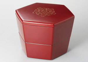 越前塗 沈金桜亀甲入子 二段重 古代朱