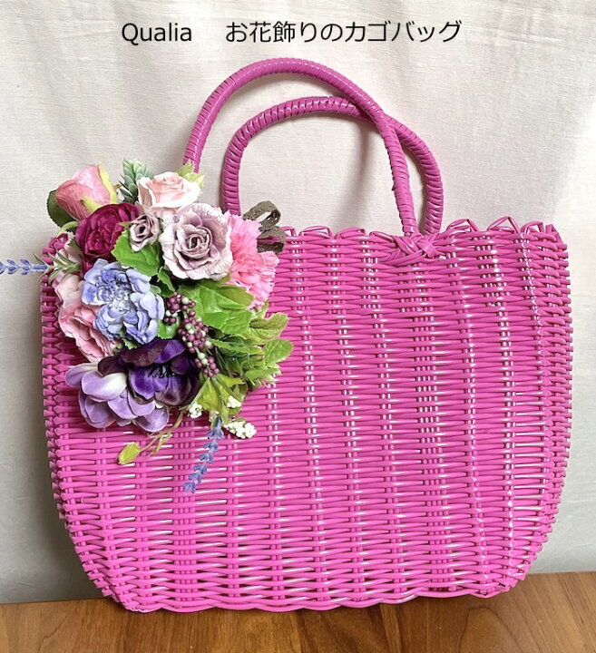 楽天市場】カゴバッグ 【お花飾りのカゴバッグ】作家手作り 大きな  