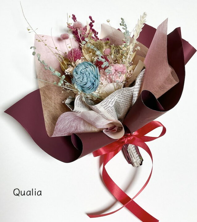 楽天市場 ドライフラワー 華やかブーケ 韓国ラッピング 大人ワイン おしゃれ ローズ ブーケ ピンク 花束 22センチギフト ドライフラワー 自然素材 ナチュラル プレゼント リラックス 癒しおしゃれ 人気 お誕生日 記念日 お見舞い お礼 お返し うるおいのお花ライフqualia