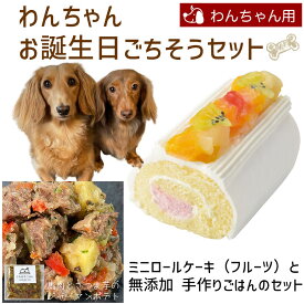 わんちゃんお誕生日ごちそうセット ミニロールケーキ（フルーツ）と手作り 犬用ごはん 馬肉とさつま芋のジャーマンポテトのセット 送料無料(※一部地域除く)