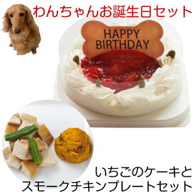わんちゃんお誕生日ディナーセット いちごケーキとスモークチキンプレートセット 送料無料(※一部地域除く)