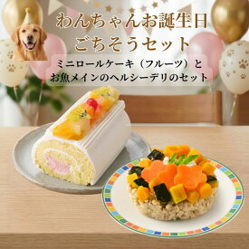 わんちゃんお誕生日ごちそうセット ミニロールケーキ（フルーツ）とバランス・モグ2　お魚メインのヘルシーデリのセット ケーキとご飯のセット