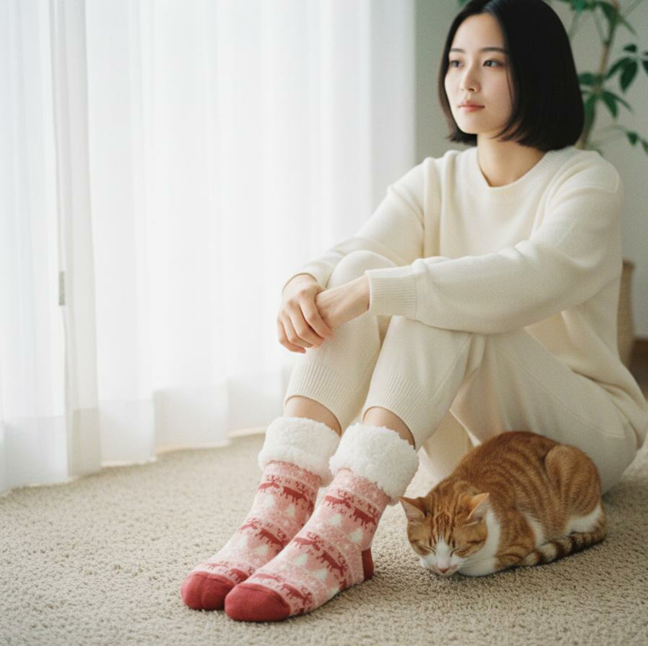 ARUONの極厚裏ボアルームソックス。レッドのトナカイ柄。柔らかな日差しの中、猫と寄り添いながら過ごすおうち時間を表現。
