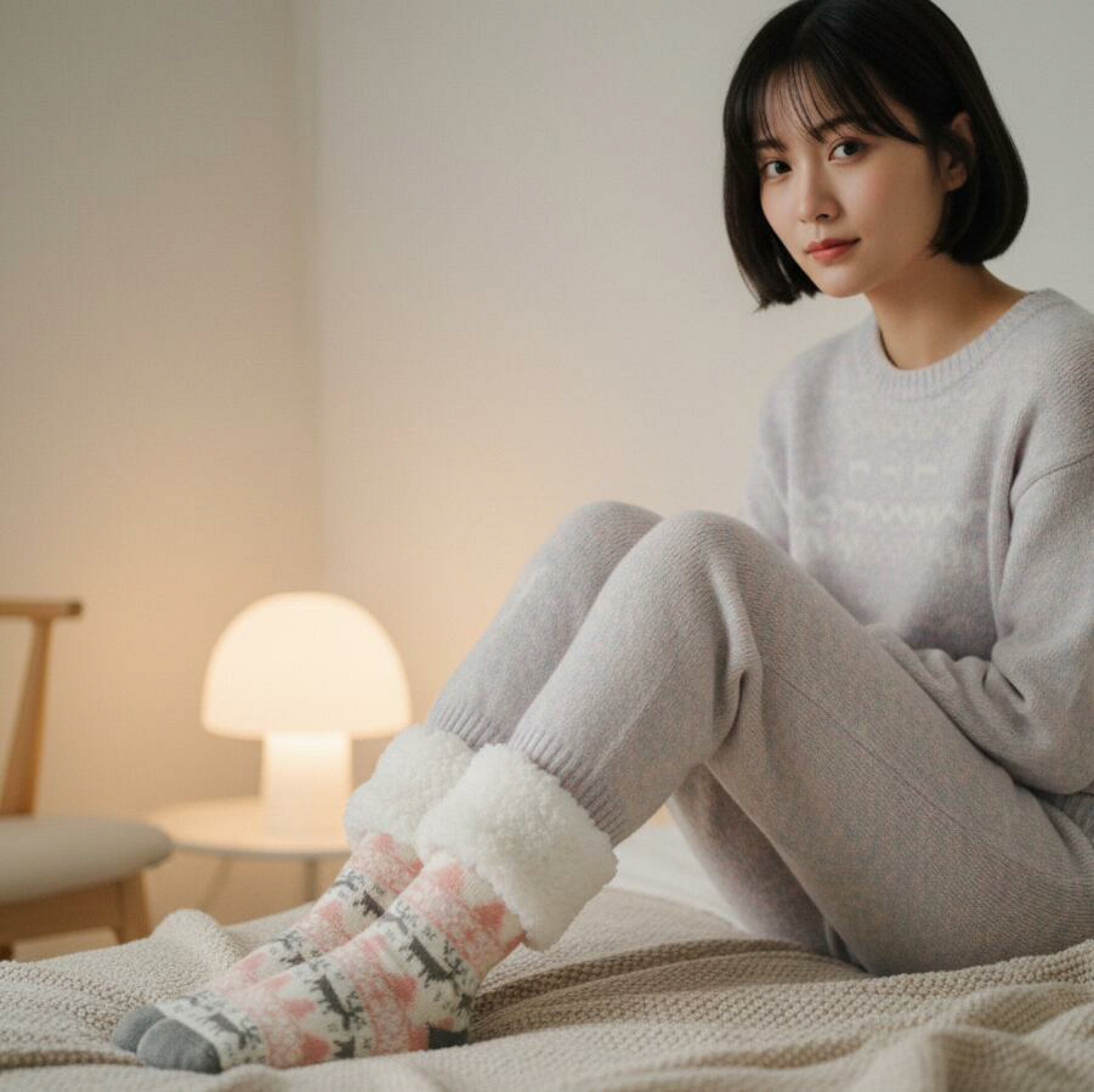 ARUONの極厚裏ボアルームソックス。ピンク×グレーの北欧柄。柔らかな照明に照らされ、ベッドの上で穏やかに過ごす就寝前のひととき。