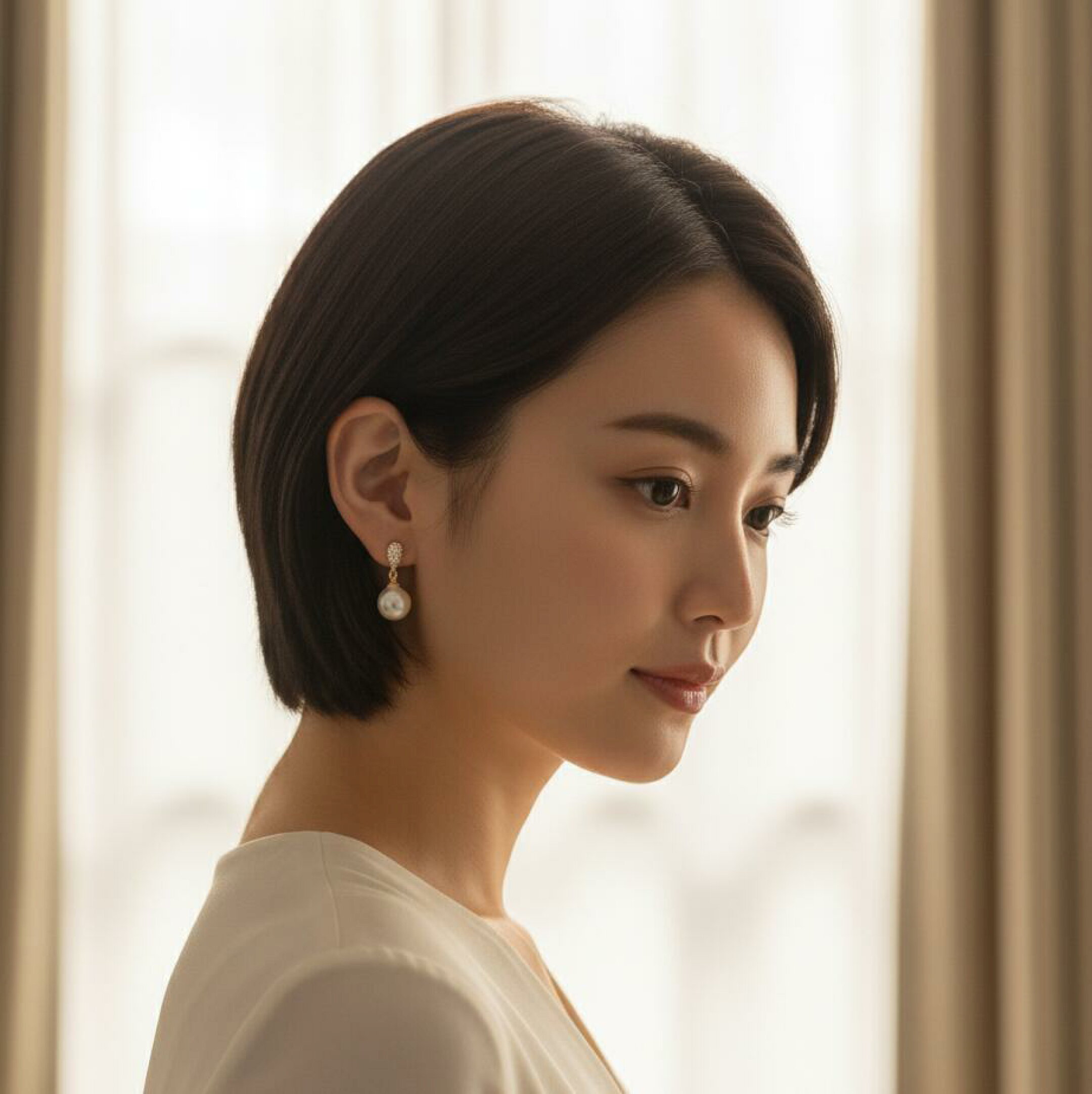 ARUON スワロフスキーパールピアス 8mm。落ち着いた室内で光を受ける一粒パール。フォーマルにもデートにもぴったりの上品アクセサリー。