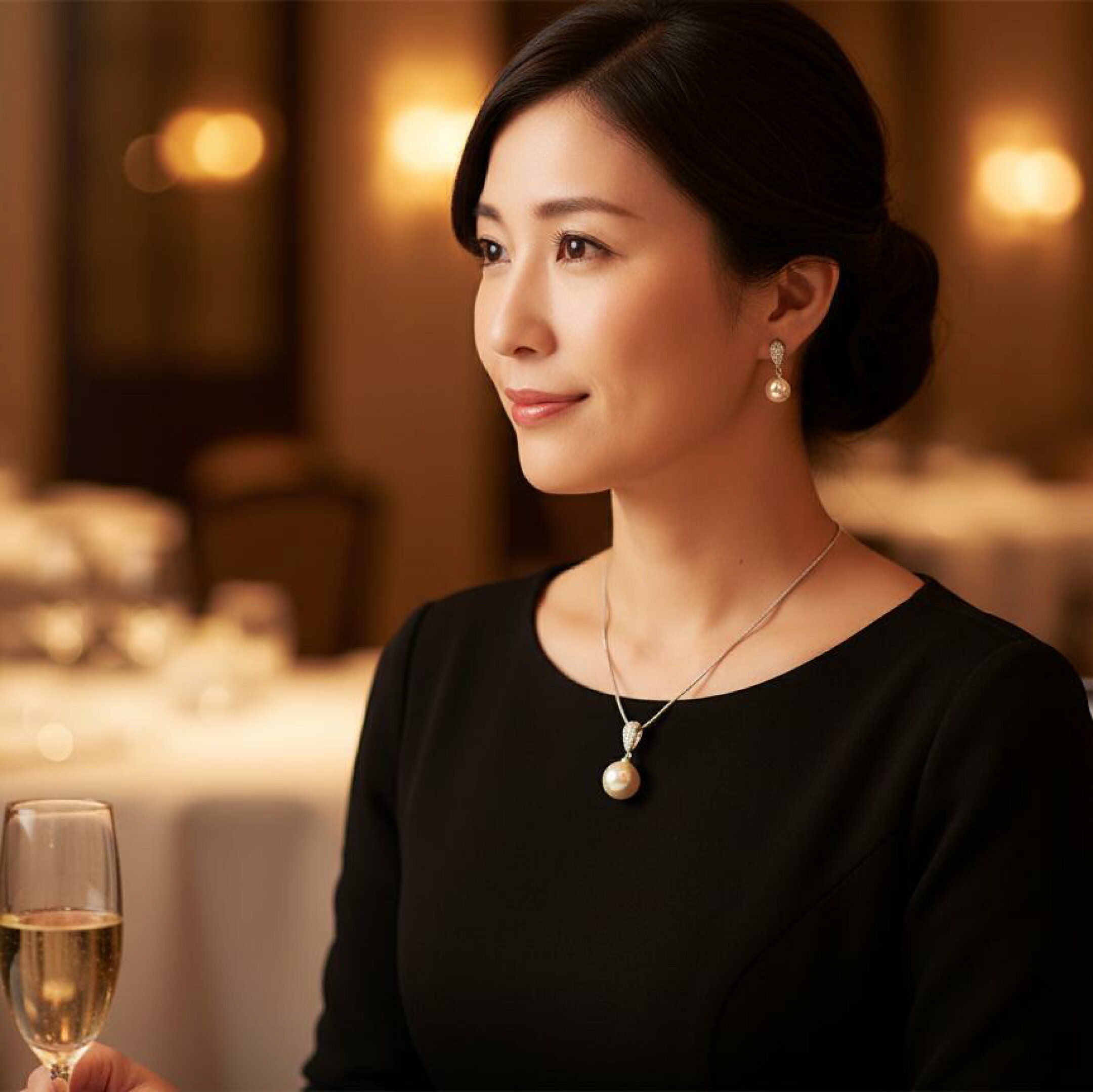 ARUON スワロフスキーパール ネックレス＆イヤリングセット。上質な輝きが結婚式や記念日ディナーなど特別な夜を華やかに彩る。