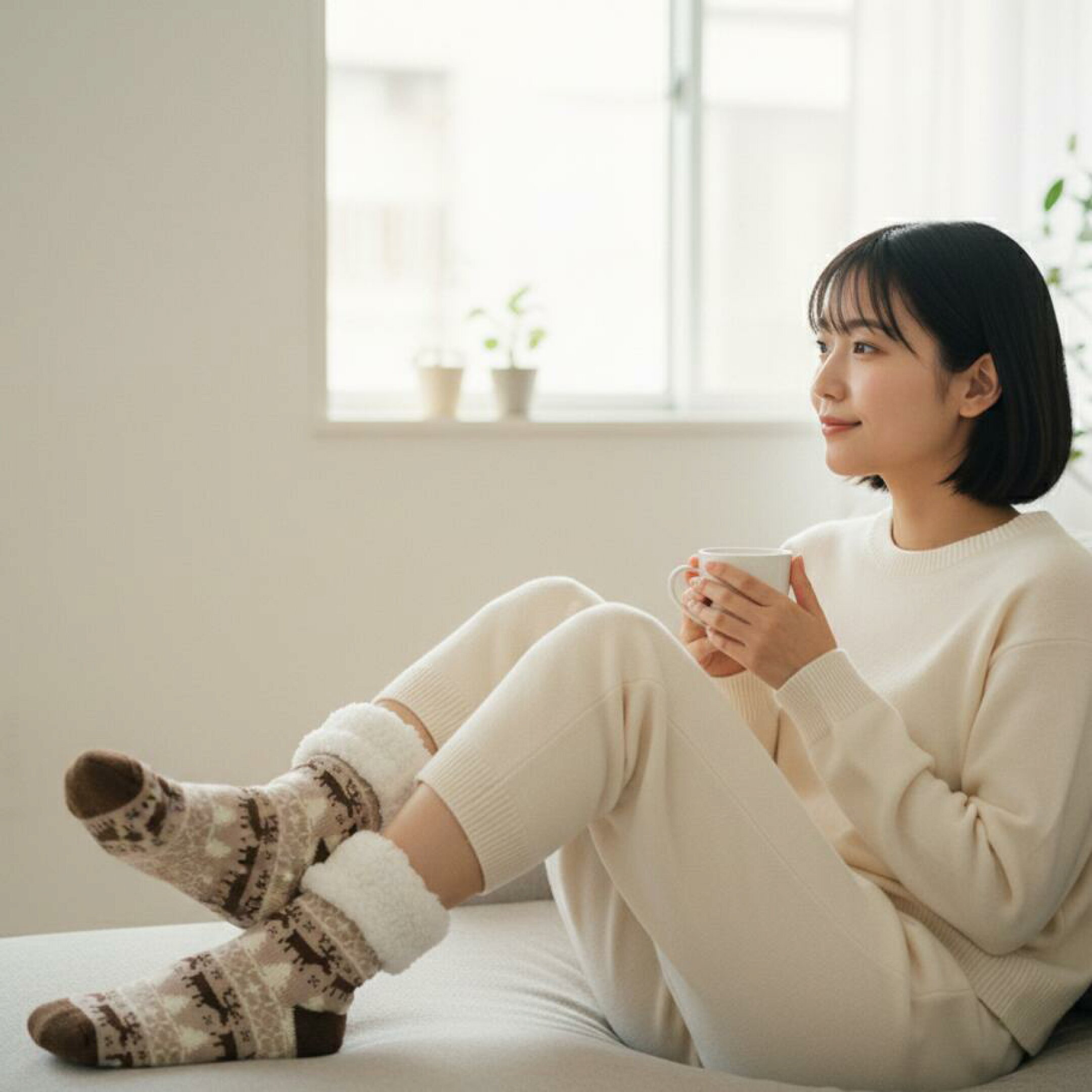 ARUONの極厚裏ボアルームソックス。ブラウンの北欧柄デザイン。カップを手にリラックスする女性の在宅ワークシーンを演出。