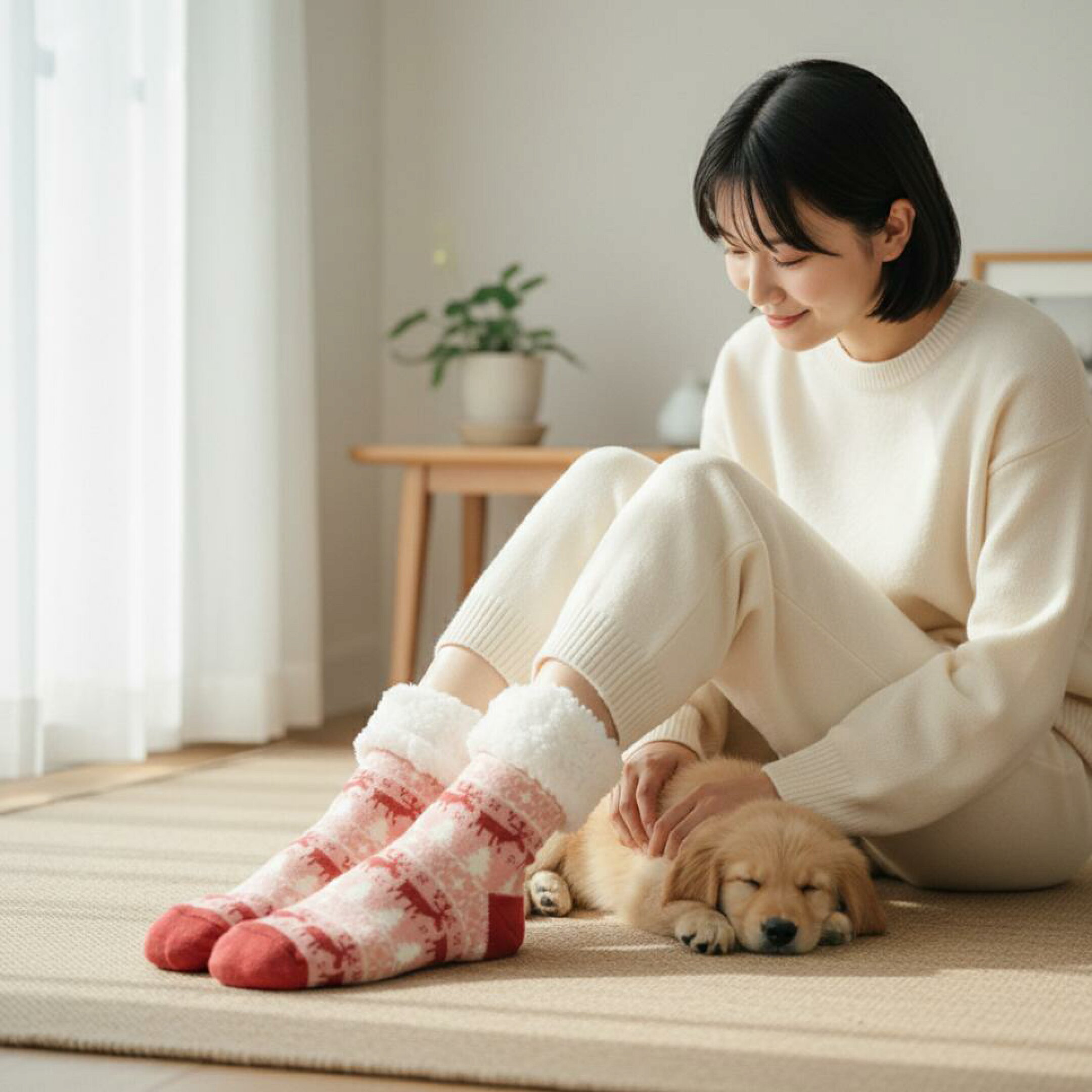 ARUONの極厚裏ボアルームソックス。北欧風トナカイ柄がかわいいレッドカラー。リラックスした室内で子犬と過ごす温もりあるシーン。