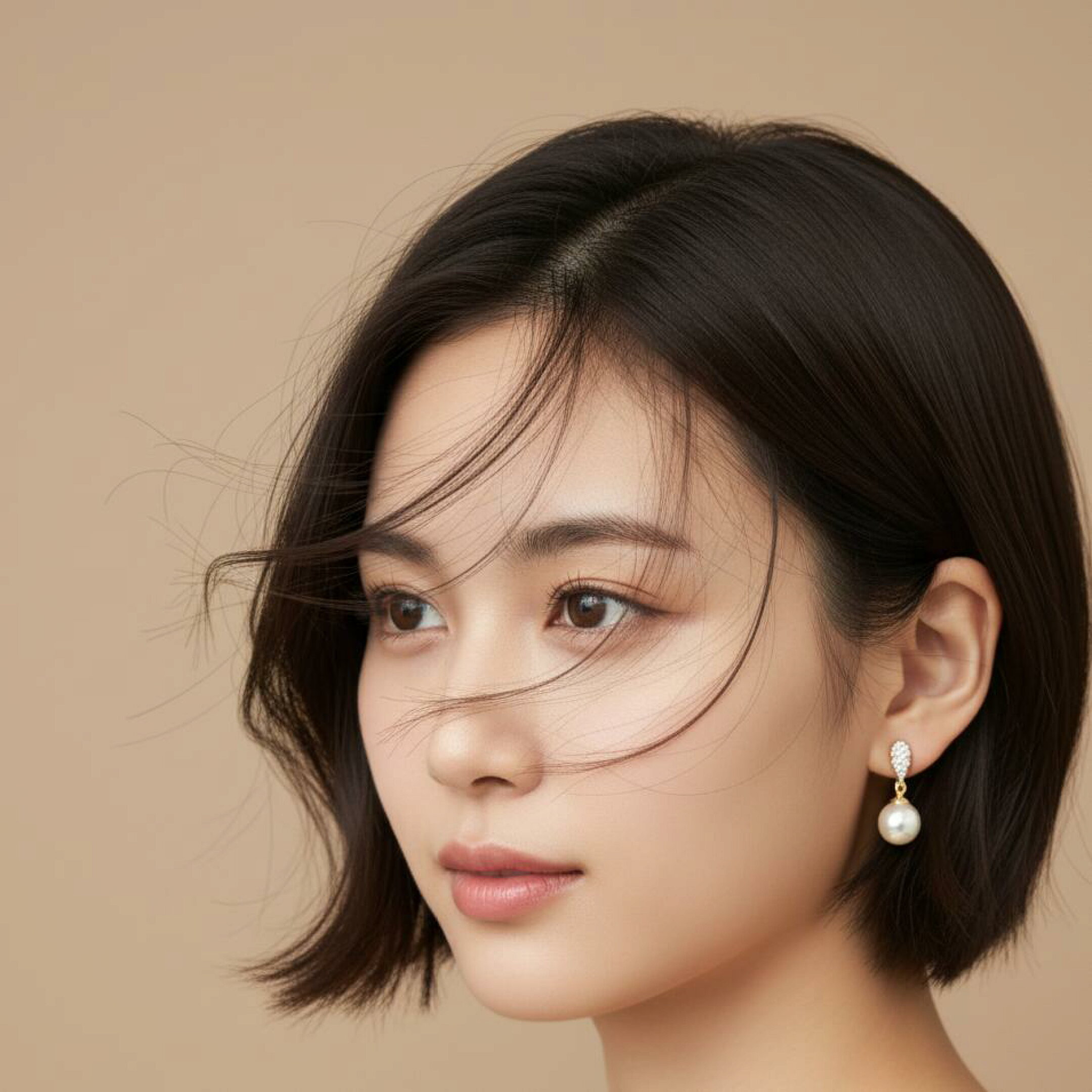 ARUON スワロフスキーパールピアスゴールドカラー 8mm。やわらかな風を感じる女性の横顔。軽やかに揺れるパールが上品な印象を与えるジュエリー。