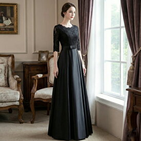 【最大50％クーポン】パーティードレス 2color ロングドレス　 結婚式 ワンピース 大きいサイズ有 演奏会 袖あり 袖付き 成人式 同窓会 卒業式 謝恩会 ドレス 演奏会 ドレス 20代 30代 袖あり 袖付き 黒 ブラック 赤 ミモレ丈 ブライズメイド ドレス オケージョンドレス