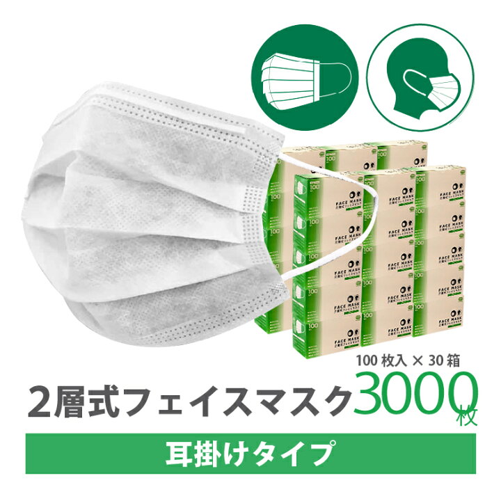 楽天市場】2層マスク 耳掛け 3,000枚 1c/s お徳用 業務用 不織布 
