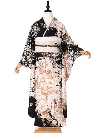 【成人式】振袖レンタル 振袖 ふりそで furisode 二十歳のお祝い せいじんしき 20歳 女性 着物 結納 結婚式 黒 牡丹に菊 155cm〜165cm FA0592【レンタル】