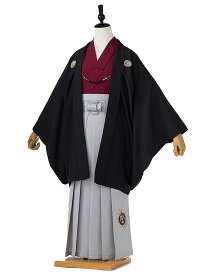 簡単着付け袴 かんたん【袴レンタル 小学生 卒業式】【男の子】子供用 ジュニア 化繊 羽織 着物 袴 145cm 150cm 155cm フルセット 6年生 【小町kids】黒×赤 FC1429【レンタル】