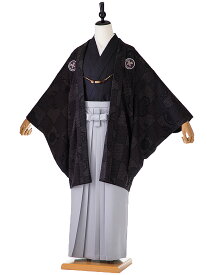 【華徒然】京都丸紅 ブランド 簡単着付け袴 かんたん【袴レンタル 小学生 卒業式】【男の子】子供用 ジュニア 化繊 羽織 着物 袴 145cm 150cm 155cm フルセット 6年生 黒 FC1423【レンタル】