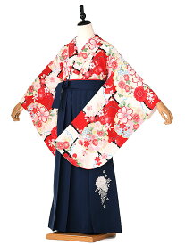 卒業式 簡単 着付け 袴セット 女の子 簡易袴 かんたん袴 簡単袴セット フルセット 着付け　不要　袴　小学生【148cm-153cm】赤地古典桜 ネイビー牡丹 navy フルセット 往復送料無料 0003【レンタル】
