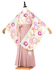 【かんたん袴】着付け不要 簡単 簡単女袴【卒業式 袴 レンタル 小学生】【女の子 小学生卒業式フルセット】 袴レンタル 女袴 小振袖 はかま ハカマ 着物レンタル 【148cm-153cm】フルセット ミントグリーン 菊桜 ピンク牡丹 pink 往復送料無料 0069 【レンタル】