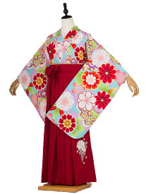 卒業式 簡単 着付け 袴セット 女の子 簡易袴 かんたん袴 簡単袴セット フルセット 着付け 不要 袴 小学生 【148cm-153cm】フルセット 水色 桜菊 エンジ牡丹 red 往復送料無料 0096【レンタル】