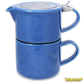 色：ブルー フォーライフ マグカップ & ティーポット 陶器 414ml 2杯用 茶こし付き 食洗機対応 蓋が落ちない 片手で注げる ブルー 青 ティーフォーワン 347Blu