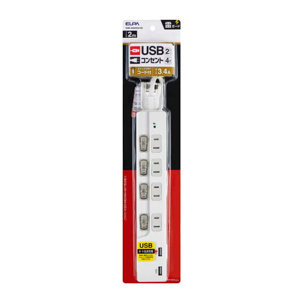 ELPA　耐雷USBコード付きタップ　WBK-4232SUA-W