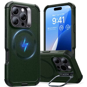 ESR@iPhone 16 Pro(6.3C`) ~^[O[hX^htnCubhP[X Green@CyberToughCasewithStashStand-HaloLockiPhone16Pro