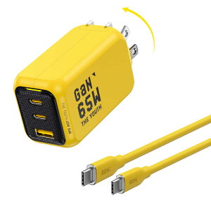 AOHI�@THE YOUTH PD �P�[�u���Z�b�g USB C×2�|�[�g USB A×1�|�[�g PC/�^�u���b�g/�g�ѓd�b 65W�}���[�d �C�G���[�@RE-JEYTP65YL2