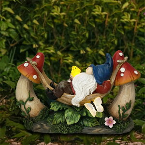 ガーデンオーナメント 庭の飾り ガーデン オブジェ アウトドア置物 ガーデンノーム像 ハンモックに横たわるソーラーノームの置物 鳥とキノコ付き 屋外ガーデンデコレーション パティオ 庭