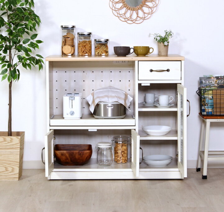 楽天市場 食器棚 おしゃれ 北欧 安い キッチン 収納 棚 ラック 木製 レンジ台 ロータイプ コンパクト ミニ 調味料 小型 小さいサイズ 一人暮らし 大容量 約 幅90 白 カウンター スライド 炊飯器置き場 レトロ 引き出し 約 奥行40 カントリー アンティーク ワイド コンセント