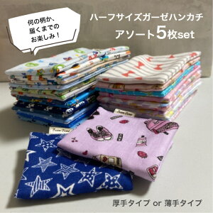 ハーフサイズガーゼハンカチアソート5枚セット 薄手 厚手 赤ちゃん ベビー キッズ 幼児 子供 日本製 男の子 女の子 二つ折り ポケット 幼稚園 保育園 小学校 口拭き 洗濯 給食