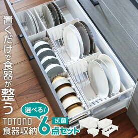 リッチェル トトノ食器を立てて引き出し収納 選べる6点セット｜キッチン収納 食器収納 引出し お皿 大皿 小皿 お椀 汁椀 茶碗 日本製 キッチン下 整理 totono ディッシュスタンドR ワイド レギュラー ミニ