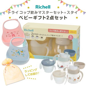 リッチェル ギフトセット トライ コップ飲みマスターセット + スタイ | 出産祝い プレゼント ベビーマグ ラッピング コップマグ ベビーギフト コップ飲み プラスチック おしゃれ かわいい