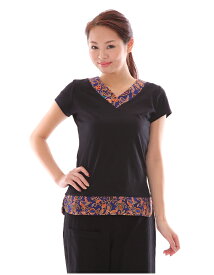 【在庫処分 半額】 在庫限り のため名入れはできません アジアン マッサージ セラピスト ユニフォーム 【 バリ 柄 ウェストシェイプ Tシャツ 】エステユニフォーム カットソー スパ マッサージユニフォーム サロン エステサロン バリ バリ風 制服