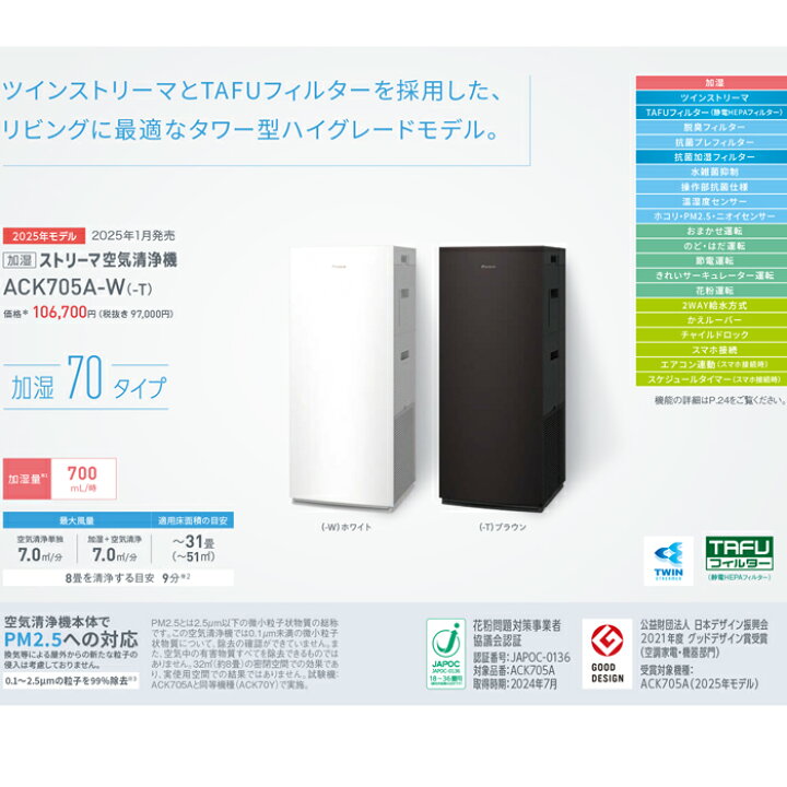 楽天市場】(LINEクーポン有)ダイキン ACK705A-W 加湿ツインストリーマ 