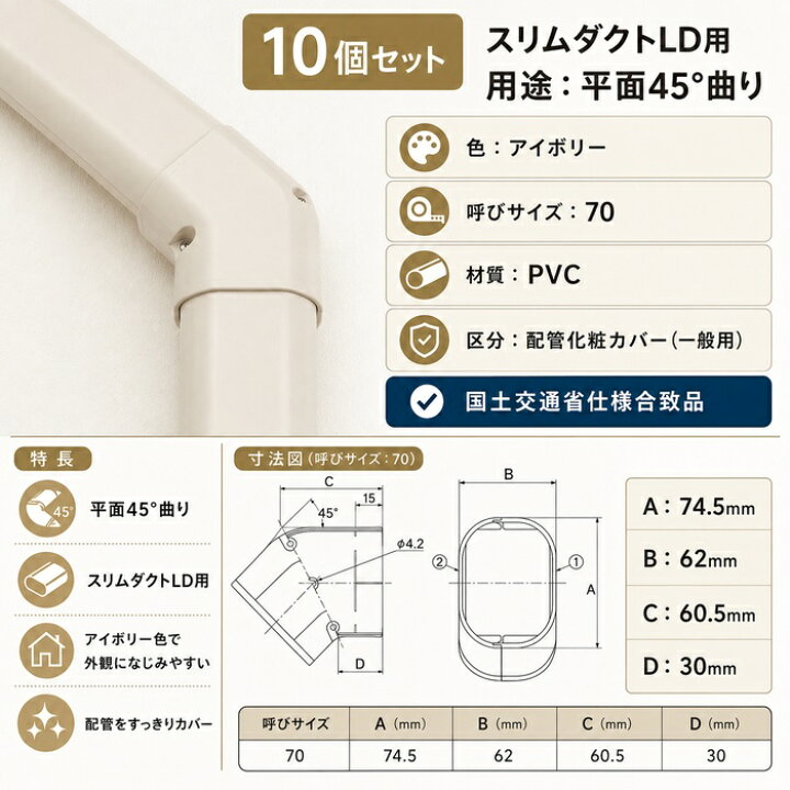 楽天市場】因幡電工 LDKF-70-I コーナー平面45° アイボリー 10個セット 