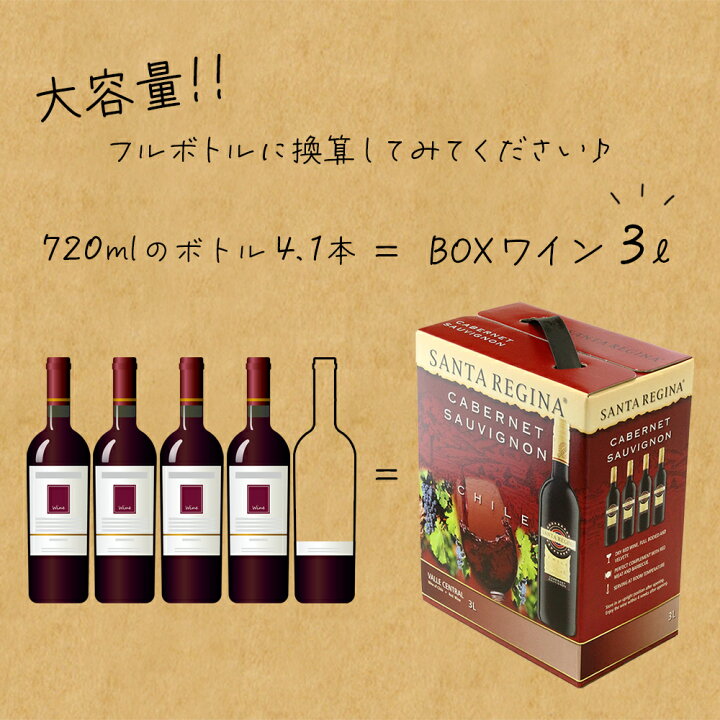 楽天市場】ワイン サンタ・レジーナ 箱入りワイン カベルネ・ソーヴィニヨン バッグインボックス 赤ワイン 3L (NEWS) チリワイン ボックスワイン 箱ワイン BBQ バーベキュー キャンプ パーティー : 食と暮らしにPlus らびっとらん 楽天市場】ワイン サンタ・レジーナ 箱入りワイン カベルネ・ソーヴィニヨン バッグインボックス 赤ワイン 3L (NEWS) チリワイン ボックスワイン 箱ワイン BBQ バーベキュー キャンプ パーティー : 食と暮らしにPlus らびっとらん