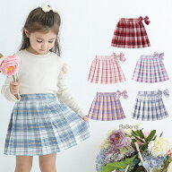 【即納】蝶結び付きチェック柄プリーツスカート インナーパンツ付き キッズ 子供 無地 女の子 子供服 こ…