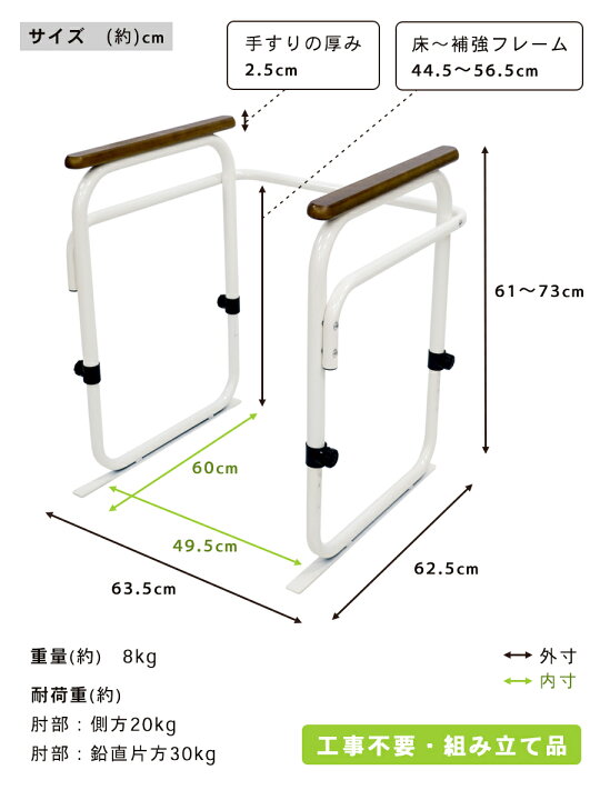 楽天市場 送料無料 トイレ用 補助手すり 高さ 6段階 調節 トイレ用アーム 幅63 5cm 奥行62 5cm 高さ60 5 73cm 頑丈 な フレーム 優しい 天然木 手すり ホワイト ブラウン お年寄り の方も 安心 日本製 ラックタウン 収納用品の店