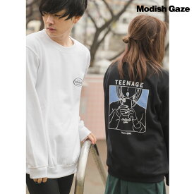 MODISH GAZE モディッシュガゼ 8.4oz 線画キャンディガールイラスト スウェットトレーナー メンズ レディース ユニセックス スエット プルオーバー ギルダン オーバーサイズ カットソー 韓国ファッション オーバーサイズ イラスト バックプリント 原宿 カジュアル ストリート