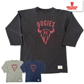 ウエアハウス WAREHOUSE 7分袖 フットボールT Lot 4063 DOGIES Tシャツ 七分 FBT フットT TEE プリント トップス カットソー シャドウボーダー シャドーボーダー 未洗い コットン 綿 ヴィンテージ メンズ アメカジ 新作 日本製 春 夏 杢グレー スミクロ ブラック ネイビー