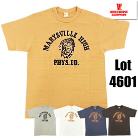 ウエアハウス WAREHOUSE Tシャツ Lot 4601 MARYSVILLE HIGH 半袖 カットソー プリント TEE シャドウボーダー ムラ糸 未洗い インディアン ロゴ 綿 コットン アメカジ ヴィンテージ メンズ レディース 人気 2024年 春夏 新作 日本製 オフ 杢グレー ナスコン スミクロ オレンジ