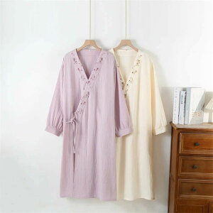 ネグリジェ 和風パジャマ 刺繍 綿 レディース 新作 花柄 ルームウエア ガーゼ ワンピース 七分袖 Vネック コットン ルームワンピ