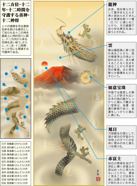 楽天市場】掛け軸【縁起画：十二神将昇龍図/43D5-035】丈190cm×幅54.5 
