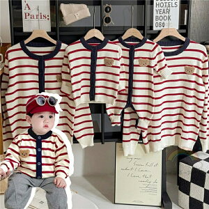 親子 ペアルック 赤ちゃん セーター クマ 前開き ストライプ ストリートコーデ 秋冬 ニット 親子ペアルック 春 秋 トップス ママ 女の子 冬 ブランド 長袖 ニットセーター パパ 親子お揃い服