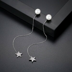 ピアス 両耳用 キュービックジルコニア イミテーションパール 真鍮 ホワイト シルバー アメリカンピアス 揺れる ゆれる ぶら下がり ロング モチーフ 星 パッケージ付き