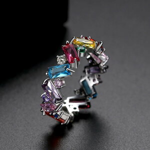 リング キュービックジルコニア マルチカラー ホワイト × ゴールド シルバー 真鍮 11号 14号 16号 18号 大人気 フルエタニティ レインボーカラー 幅6mm