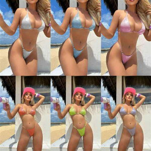 ビキニ セクシー ブラジリアン 水着 レディース キラキラ ラメ 三角ビキニ 紐 かっこいい マイクロビキニ 蛍光 ピンク 緑 グリーン オレンジ 紫 パープル 黒 白 水色 無地 ホルターネック グ
