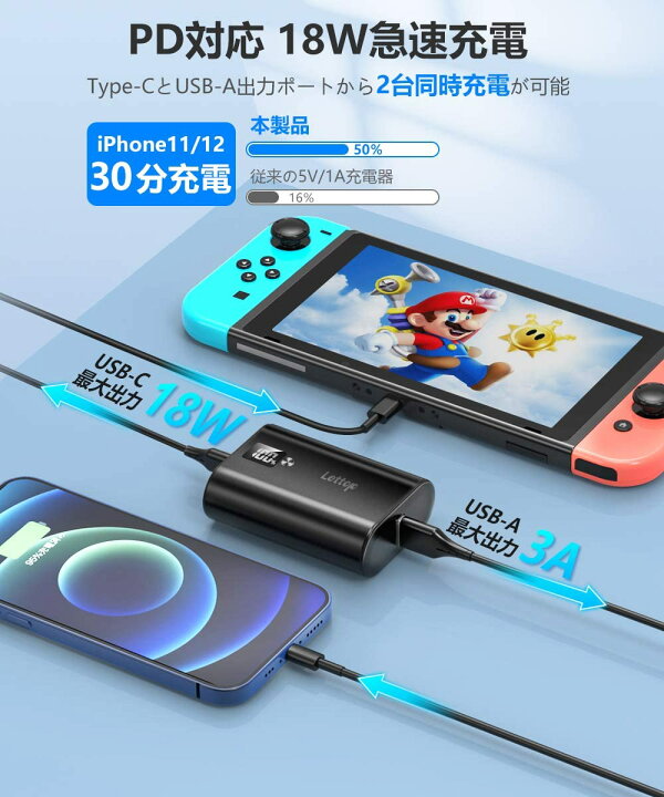 楽天市場 初売り モバイルバッテリー mah 18w Pd出力対応 軽量 超小型 急速充電 Type C Type B 持ち運び充電器 スマホ充電器 残量表示 バッテリー 旅行 災害 出張 地震 アウトドア活動 Iphone Ipad Android ゲーム機 Pse認証済 Lettop レインボー商事