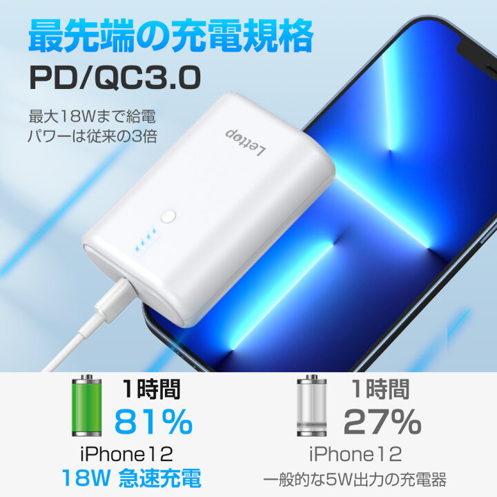 楽天市場 ポイント10倍 モバイルバッテリー mah 小型 2台同時充電 Lettop w急速充電 Pd出力対応 軽量 超小型 急速充電 Type C Type B 持ち運び充電器 スマホ充電器 携帯便利 残量表示 バッテリー 防災グッズ Iphone Ipad Android Pse認証済 ブラック ホワイト
