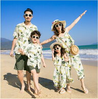 親子ペアルック 夏用アロハシャツ＆ジャンプスーツカジュアルセット 家族遊びに最適な半袖シャツとパンツ…